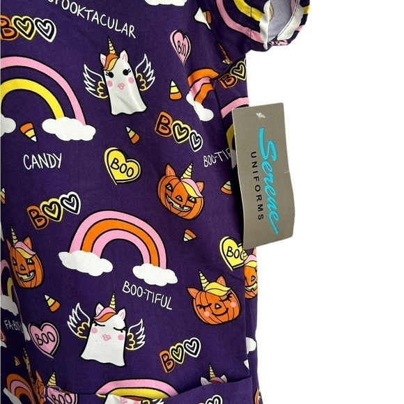 Serene Uniforms Halloween Unicorn Rainbow Cute Scrub Top• Size: Small • NWT - Picture 4 of 7